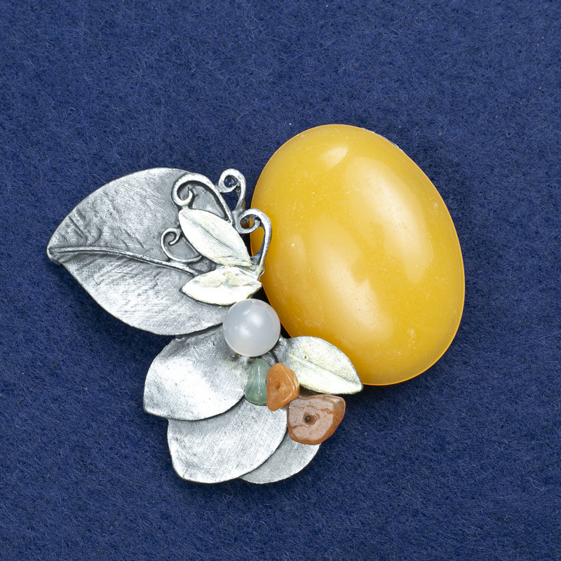 Brooch Twig with Amber (named after) and assorted stones, silver-toned metal 60x50mm +