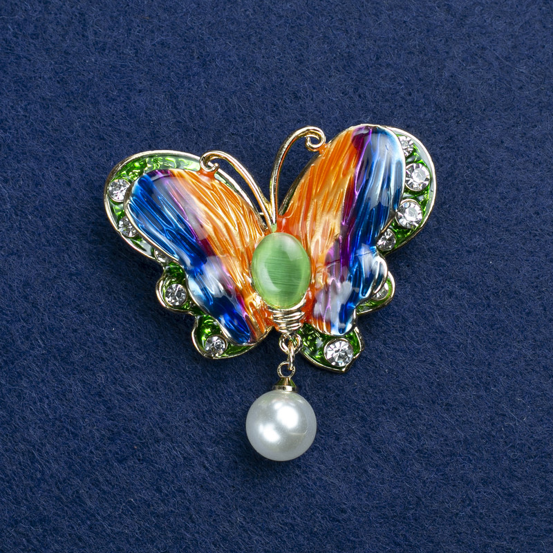 Butterfly Brooch, golden metal, cat's eye, enamel, crystals and bead, 45x40mm +
