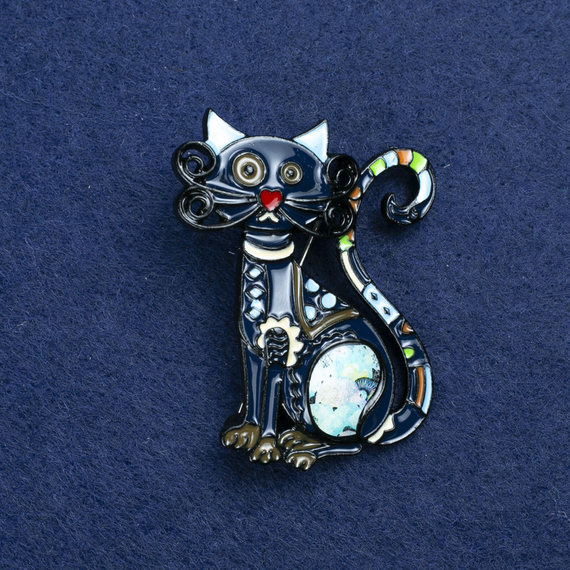 Brooch 'Kitten' silver-tone metal and enamel 47×37 mm +