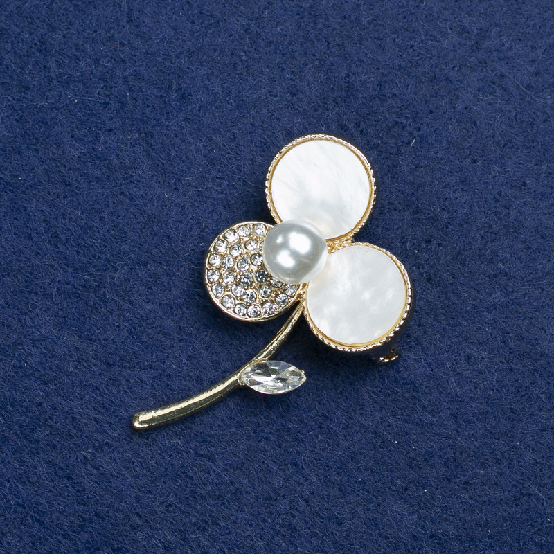 Flower Brooch - gold-tone metal, mother-of-pearl, crystals and beads, 44×27mm
