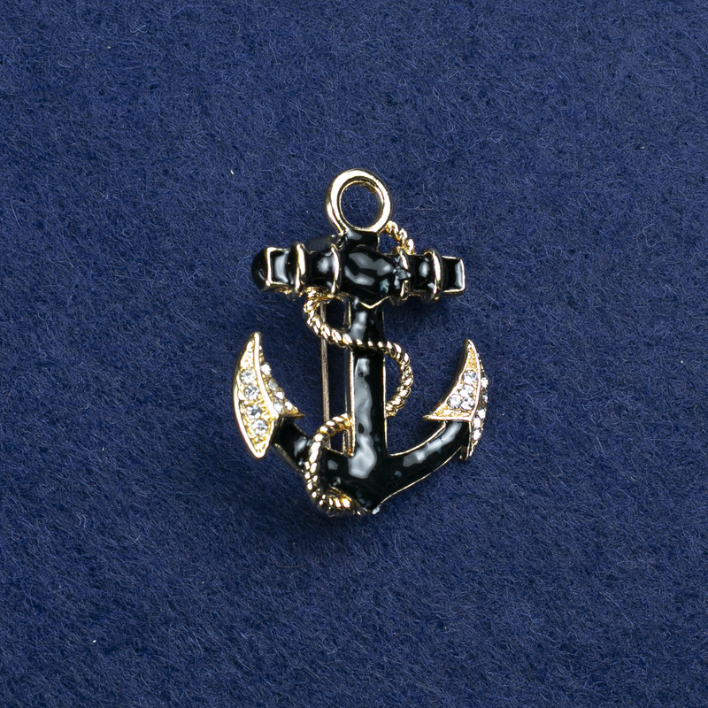 Anchor Brooch in Gold-Tone Metal, Enamel with Pearl Inlays and Crystals, 31×26 mm
