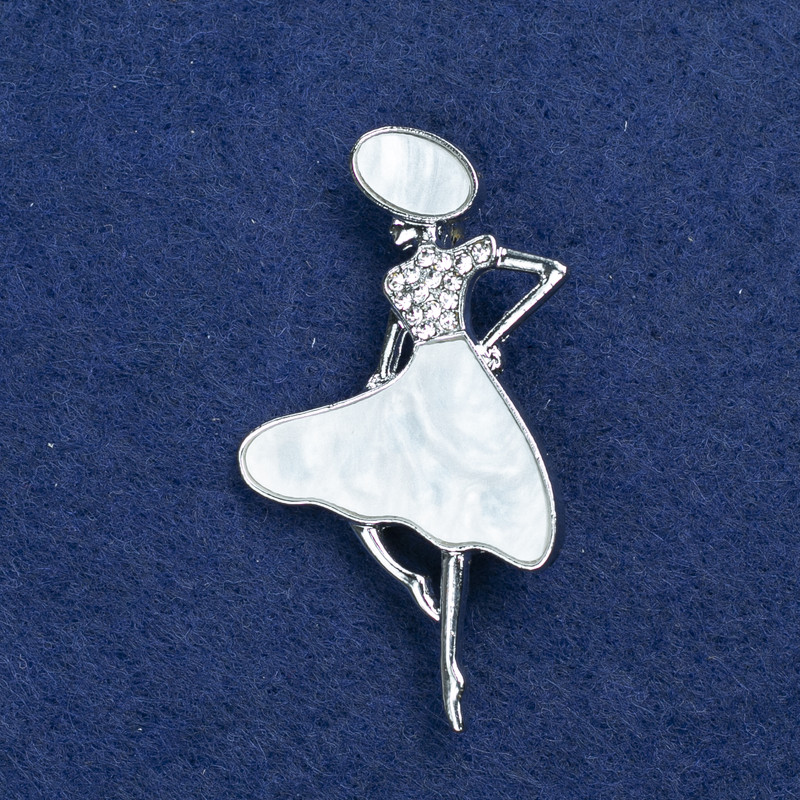 Brooch Lady in a Hat in Silver-Toned Metal, Mother-of-Pearl and Crystals 48x27mm +