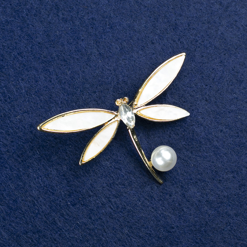Butterfly Brooch with golden metal, mother-of-pearl, crystal and bead, 36x52 mm +