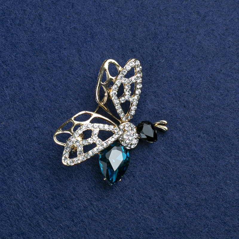 Butterfly Brooch, gold-tone metal, blue and black crystals and white rhinestones, 41x33 mm +
