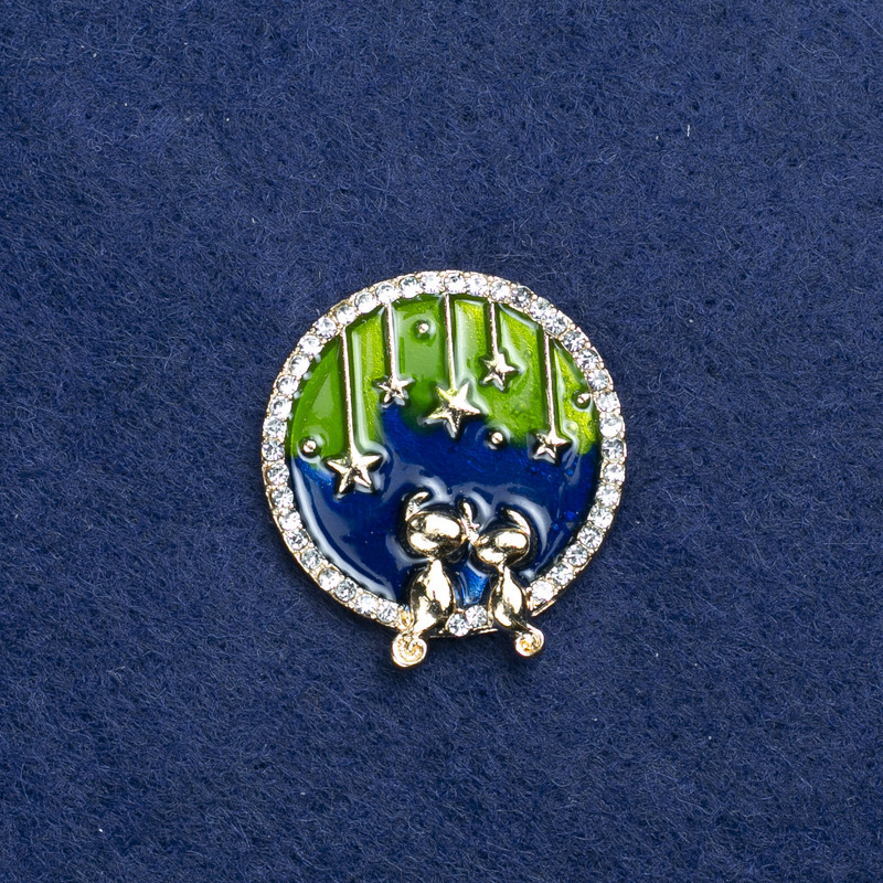 Planet Brooch in Golden Metal, Enamel, and Crystals, 25mm +