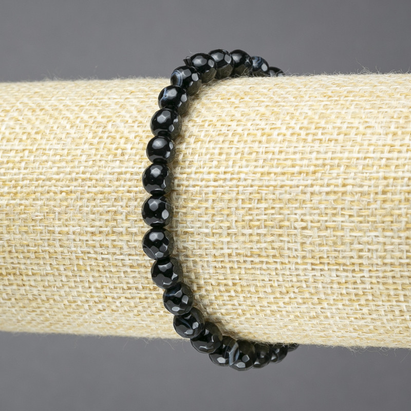 Elastic bracelet with natural black agate faceted bead, 6mm diameter+