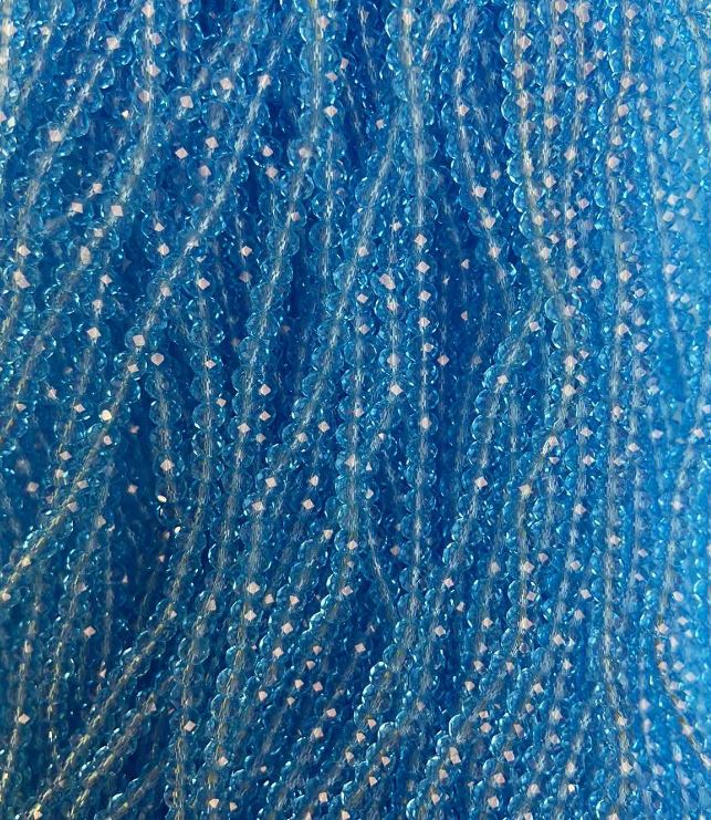 Blue Czech Crystal Beads on Thread, Transparent Blue Faceted Rondel, Diameter 3.5x3 mm + -, Length 33 cm +