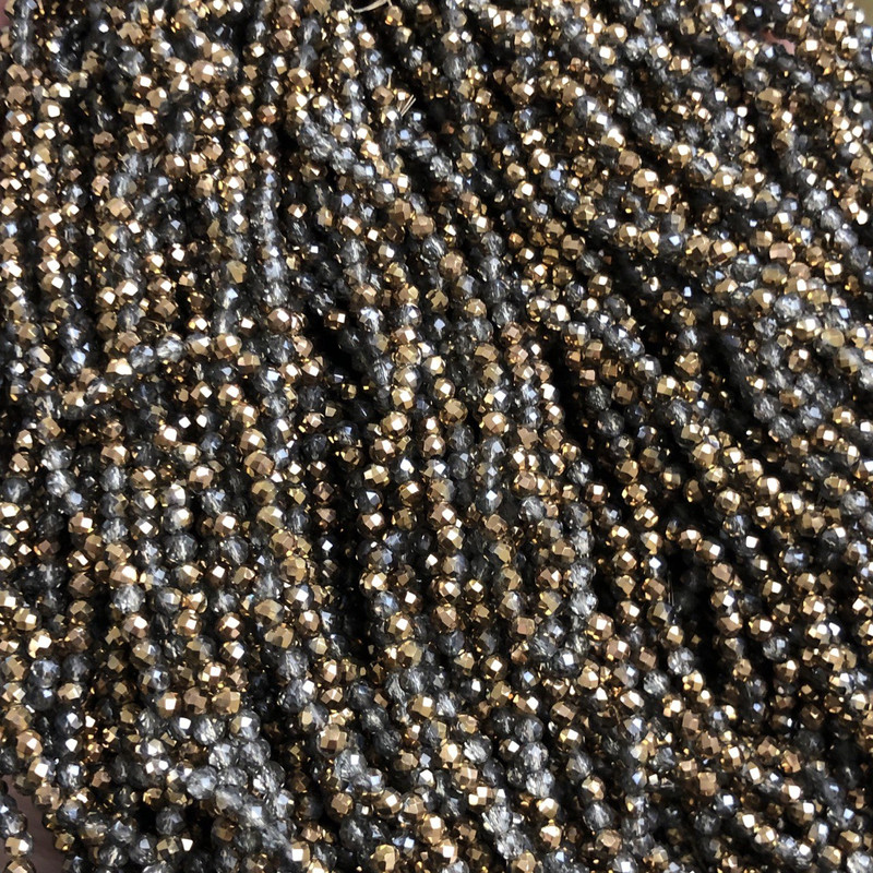 Beads Czech Crystal on thread, assorted gray transparent with golden plating, faceted rondelle, diameter 3×2.5 mm, length 36 cm