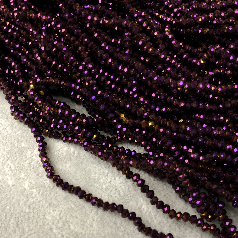 Beads Czech Crystal on a beading thread Plum finish with petrol iridescence, faceted rondelle, diameter 3 x 2.5 mm, length 36-38 cm + -