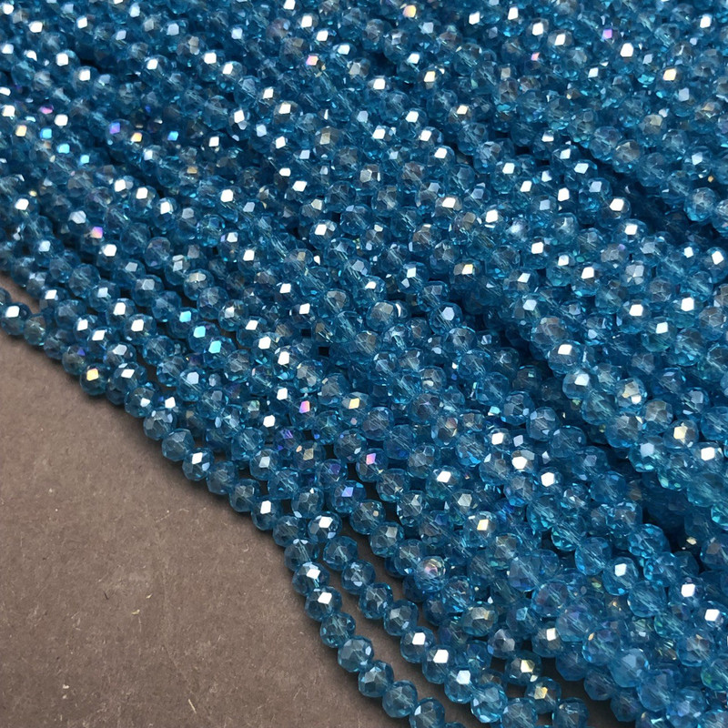 Beads Czech Crystal on Thread, Blue-Green Transparent with Gasoline Effect, Faceted Rondelles, Diameter 3.5×3 mm, Length 36–38 cm
