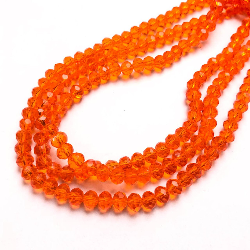 Czech Crystal Beads on Beading Thread, Red-Orange Transparent Faceted Rondelle, Diameter 6×4.5 mm + -, Length 38–40 cm +
