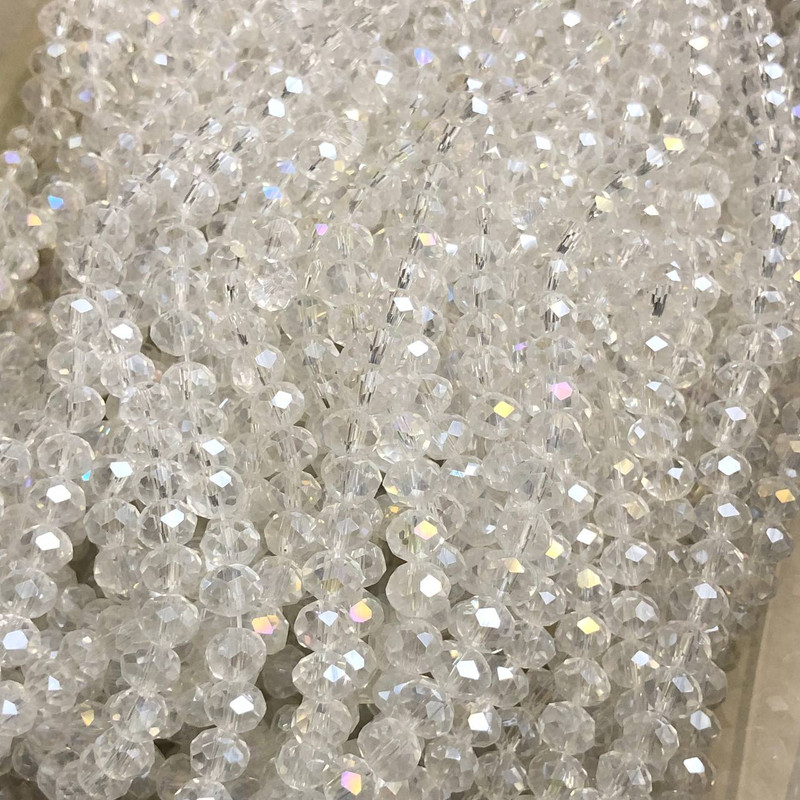 Beads Czech Crystal on beading thread, white transparent with petrol tint, faceted rondelle, diameter 6x4.5 mm, length 38-40 cm +