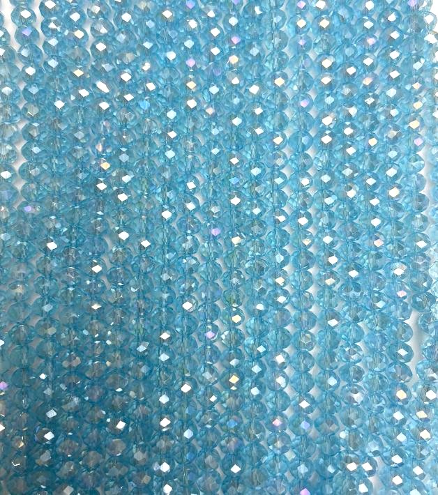 Blue Czech Crystal Beads on Thread, Transparent Blue with Gasoline Tint, Faceted Rondelle, 6x5 mm, Length 40-42 cm +