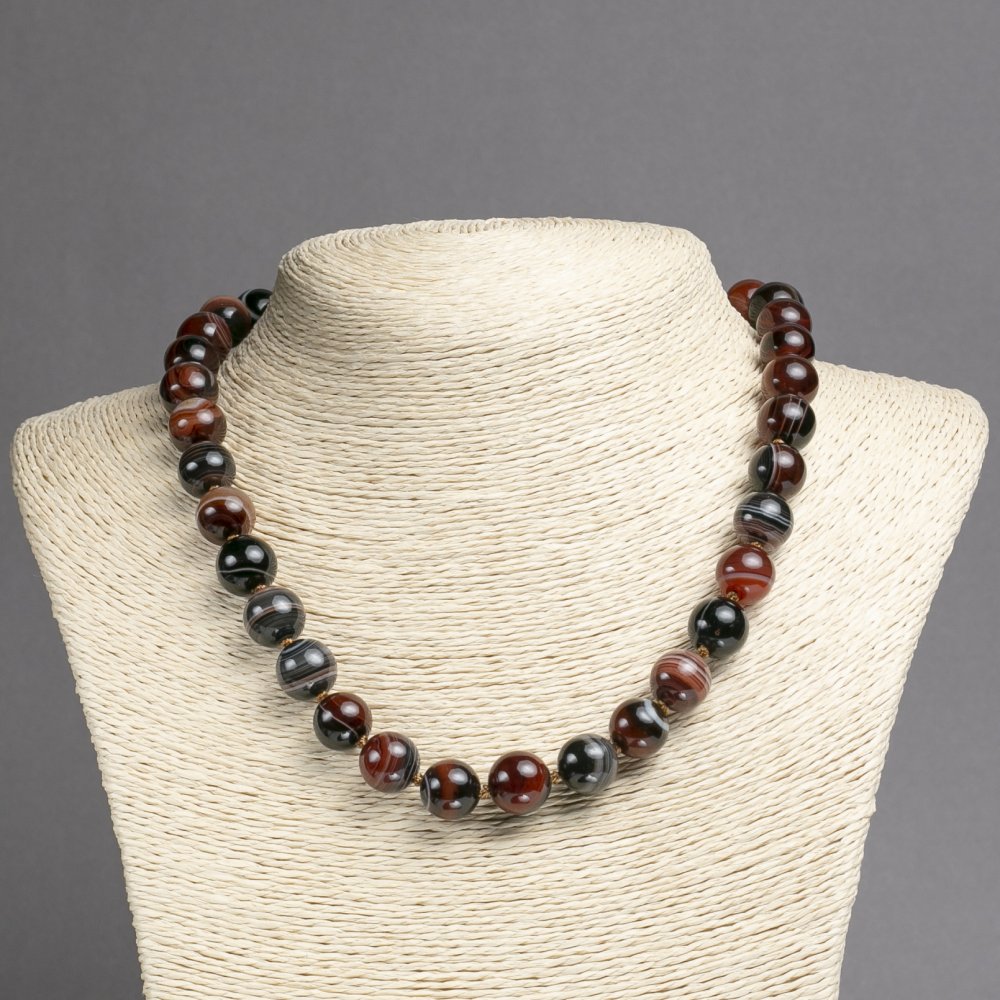 Natural brown agate bead necklace, smooth round beads, 12 mm diameter, 45 cm long