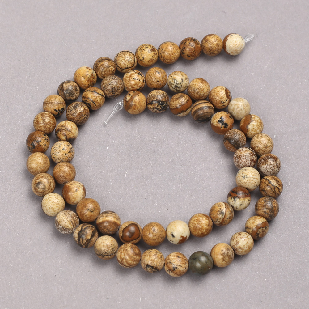 Natural stone beads on thread, Landscape Jasper, smooth round bead, 6mm diameter +/-, length 39cm +/-