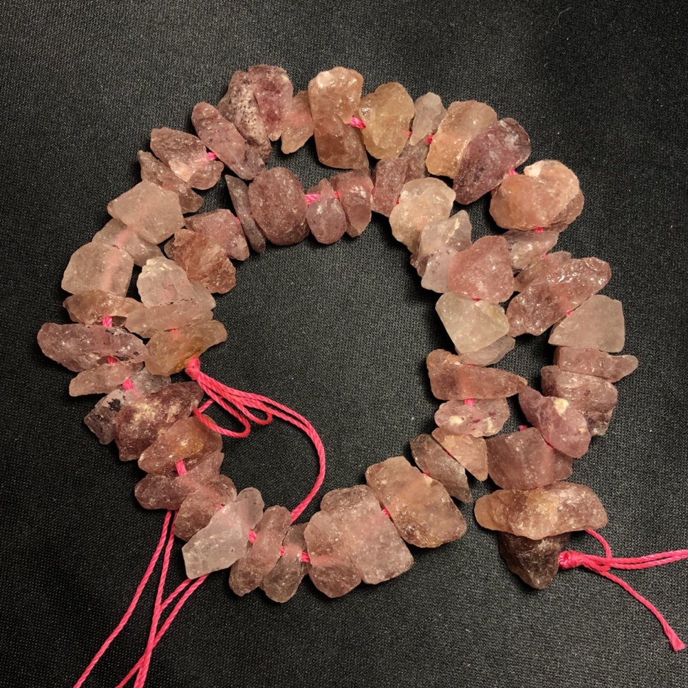 Unpolished Strawberry Quartz Beads on a Thread with a Crimp Bead, Diameter 10x18 mm, Length 42 cm+