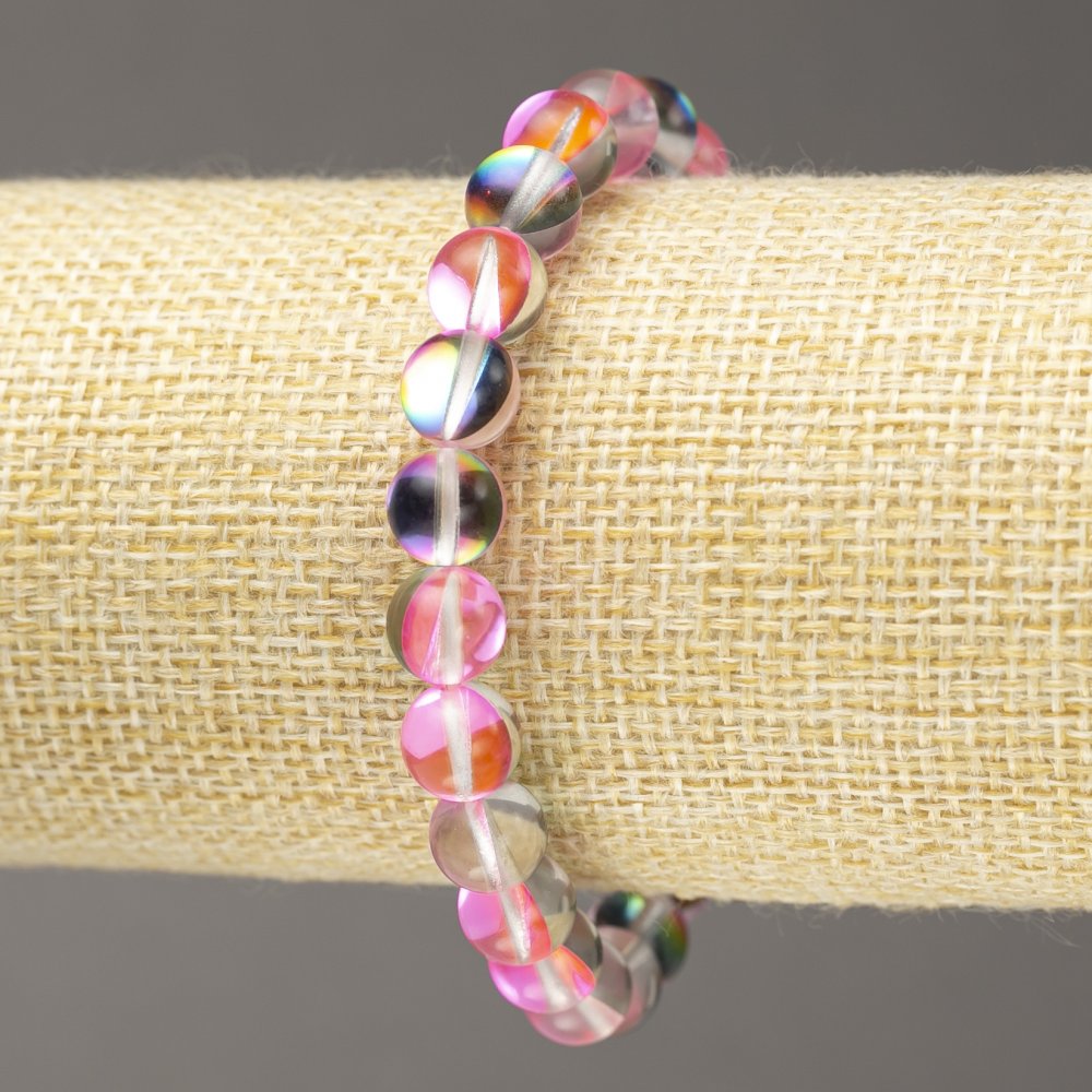 Elastic bracelet with pink opal glass, smooth beads, pink transparent, 8mm diameter, 18cm length
