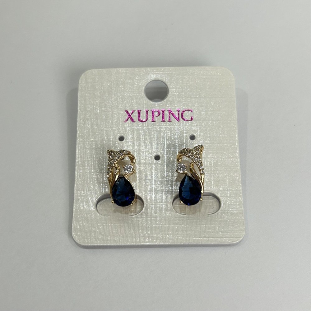 Xuping Earrings with 18K Gold Plating, White Crystals and Blue Crystals, 15x8 mm Diameter +
