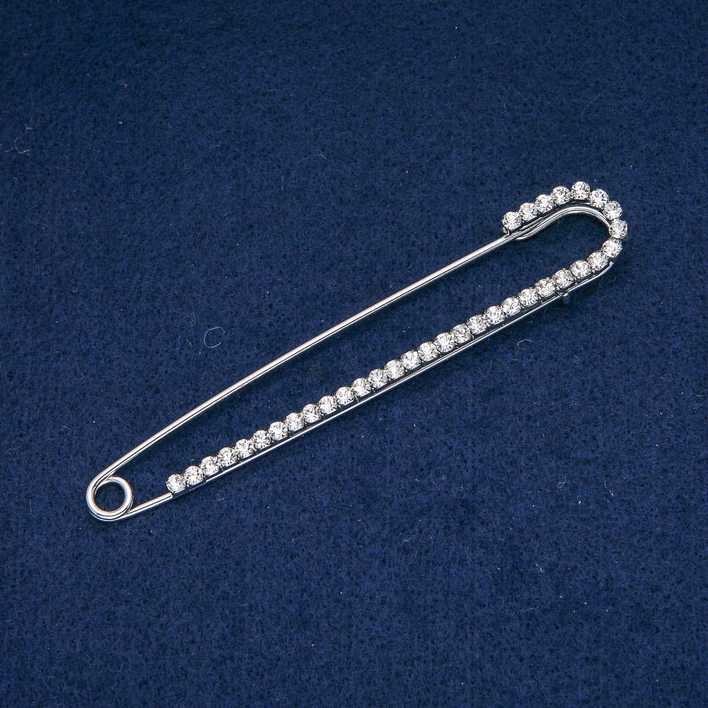 Brooch-pin with gray crystals, silver-toned metal 16×101 mm