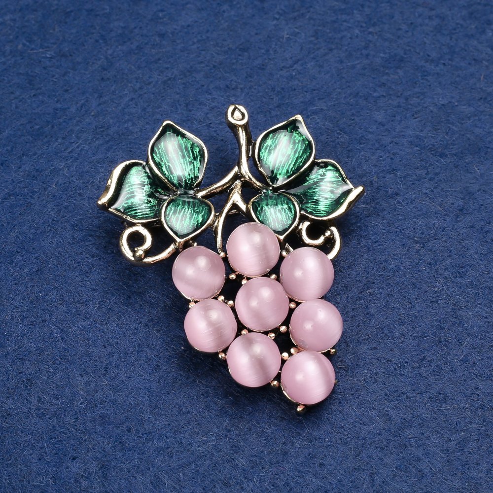 Grapes Brooch Pink Quartz, Golden Metal and Enamel 48x40mm +