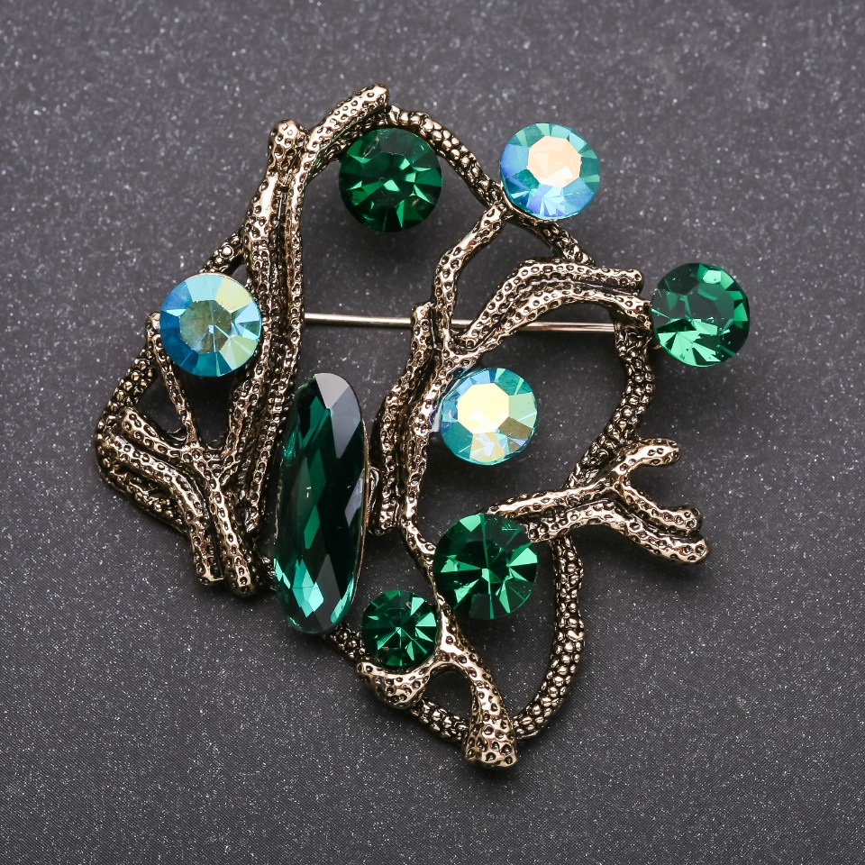 Large Brooch Accent with Green Crystals 'Chameleon'