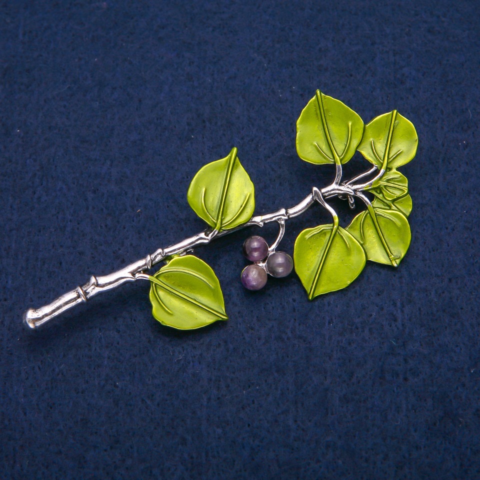 Brooch 'Berries on a Branch' with Amethyst and Enamel, Silver-tone Metal 38x83mm