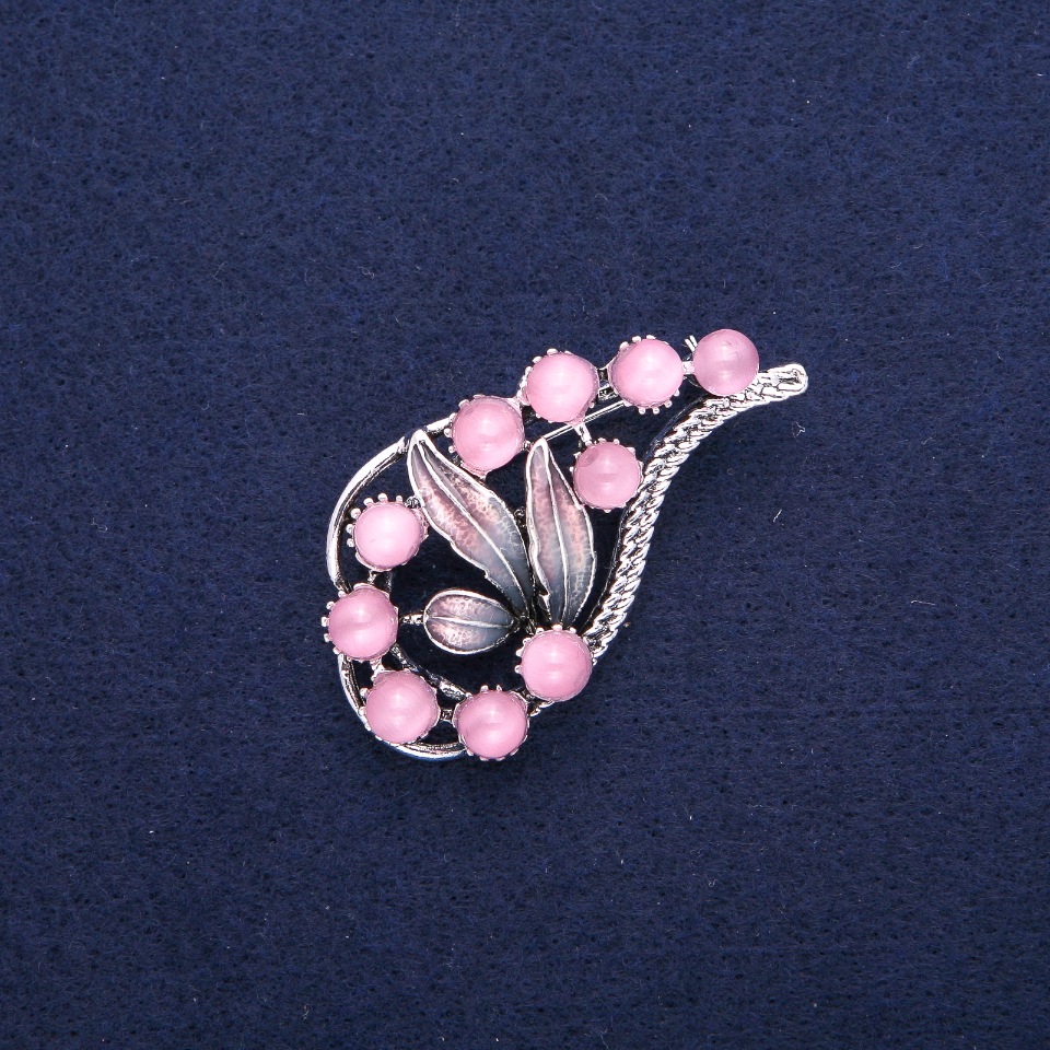 Twig Brooch with Pink Cat's Eye and Enamel, Silver-Tone Metal 28x52mm