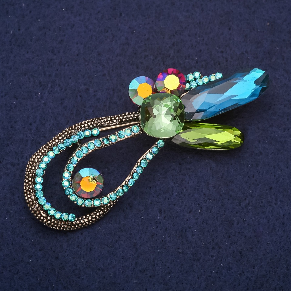 Large Accent Brooch with Crystals and Stones, Chameleon Color Sea Wave Blue-Green, 74x28 mm, Yellow Metal