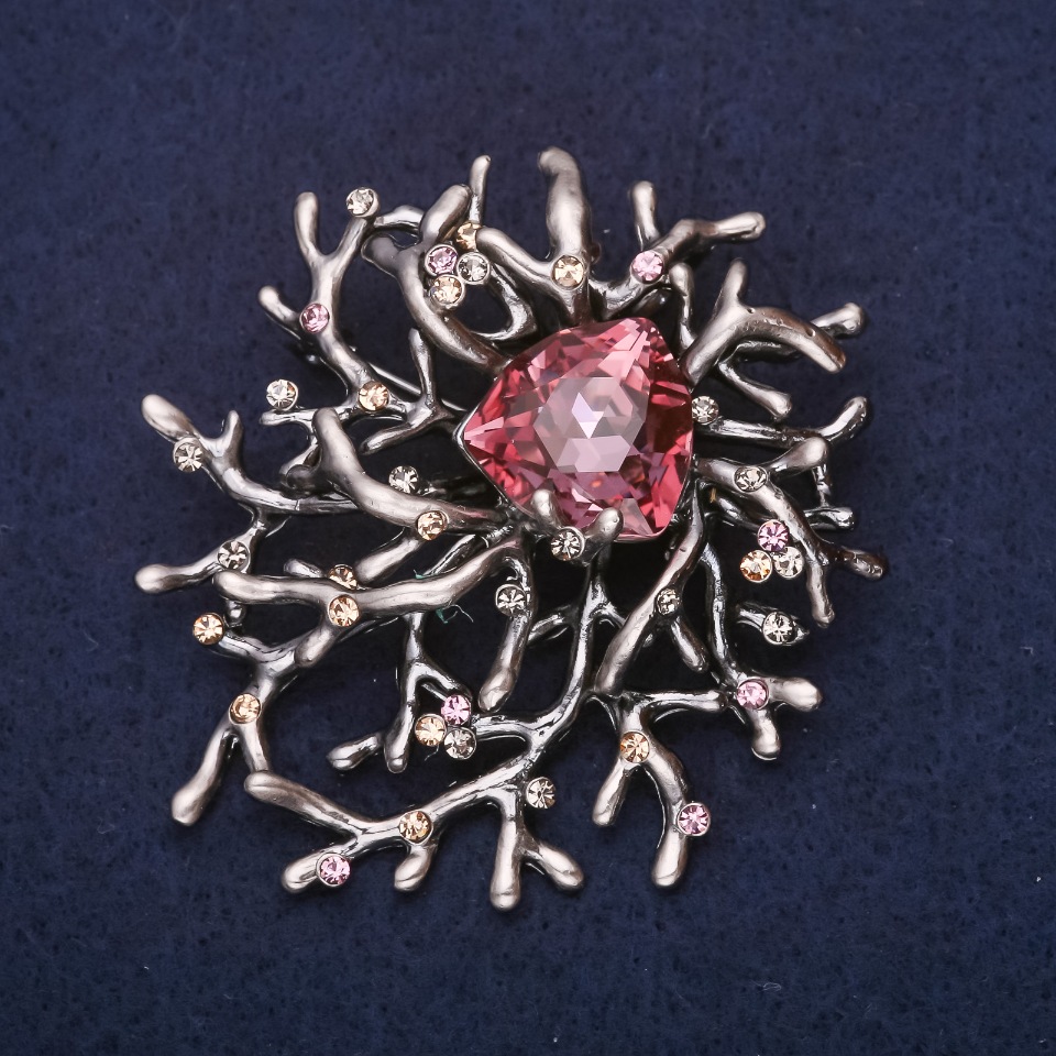 Large Accent Brooch with Lilac Stone, 58×62 mm, Silver Metal
