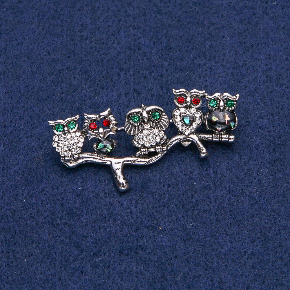 Owl Brooch with Silvery Metal and White, Red, and Green Rhinestones and Chalcedony 52x33mm +