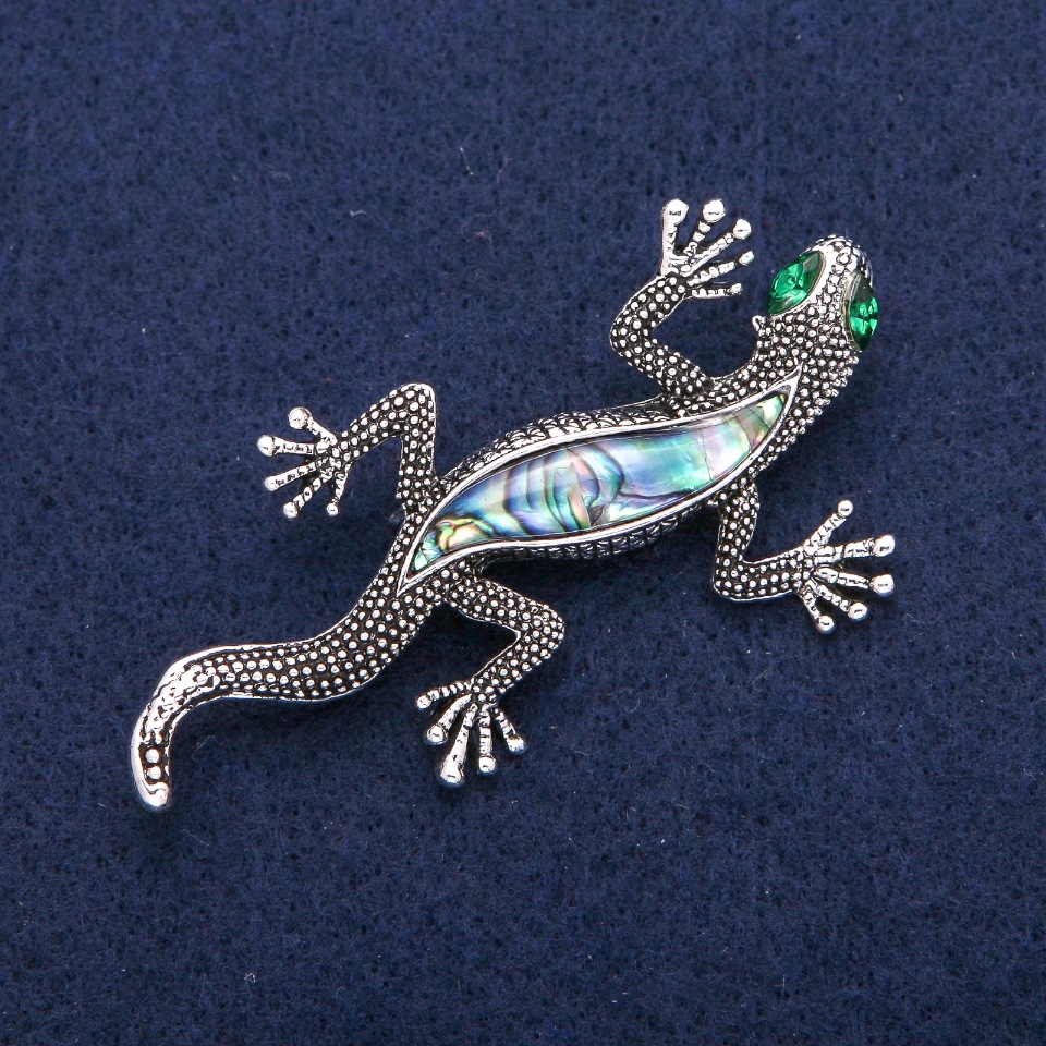 Lizard Brooch with Abalone Pearl and Green Crystals, Silver Metal 34x67mm