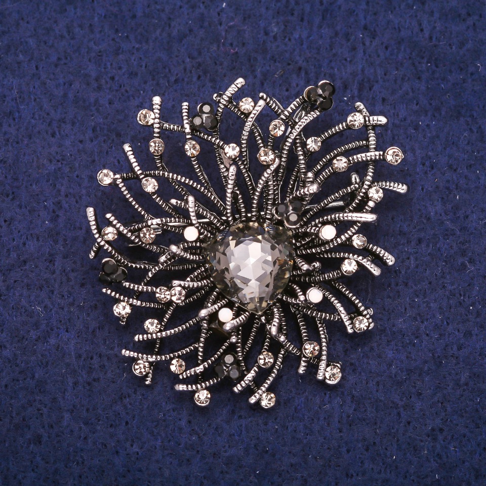 Accent Brooch with Rhinestones and Stone, Color Gray, Black and White, 44x47 mm, Silver-Colored Metal