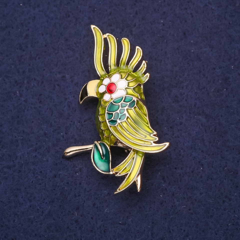 Parrot Enamel Brooch, Green, White, and Red, 50x30 mm, Gold-Tone Metal