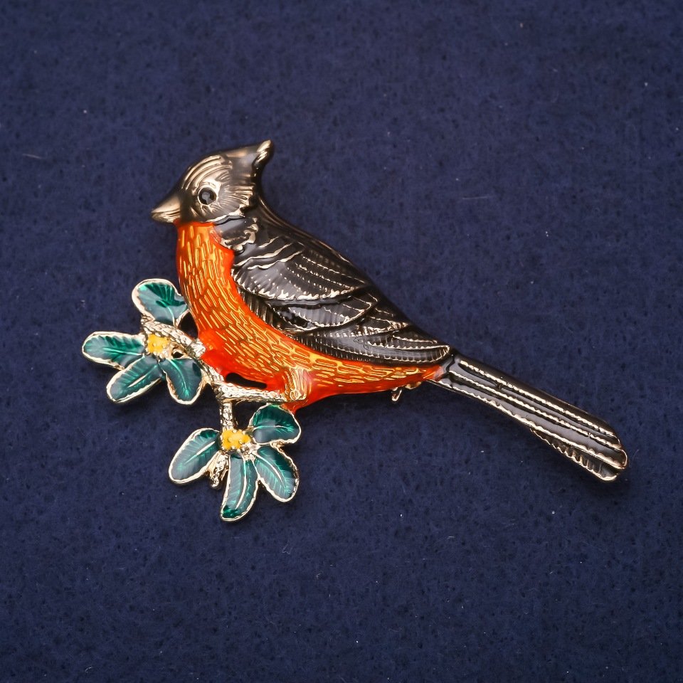 Brooch 'Bird on a Branch' enamel orange green black 69x48 mm gold-tone metal