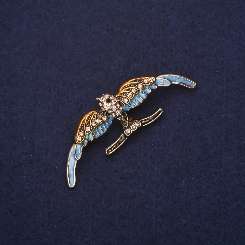 Swallow Brooch with enamel and crystals, yellow and blue, 54×18mm, gold-tone metal