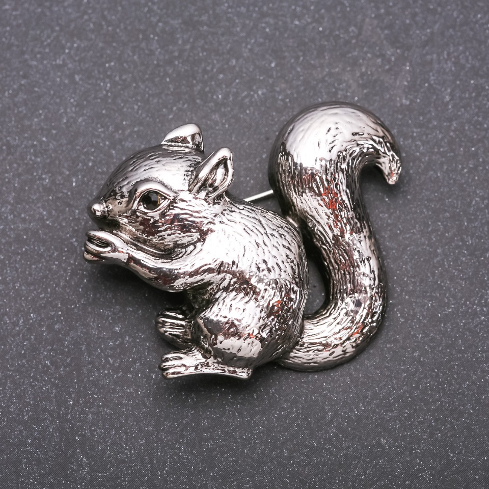 Squirrel Brooch with Gray Silvery Metal and Enamel, 37x48 mm