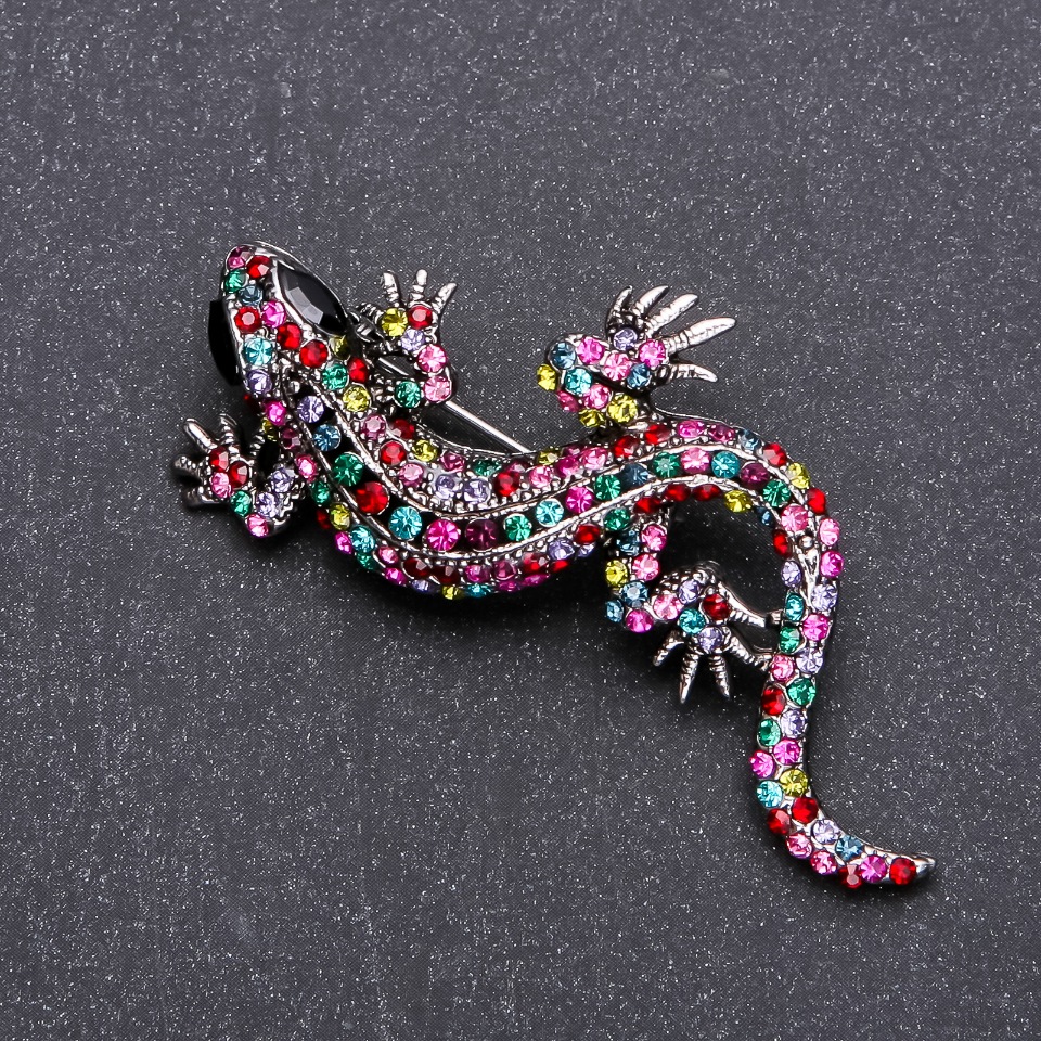 Lizard Brooch with Multicolor Rhinestones, 62x28 mm, Gray Metal