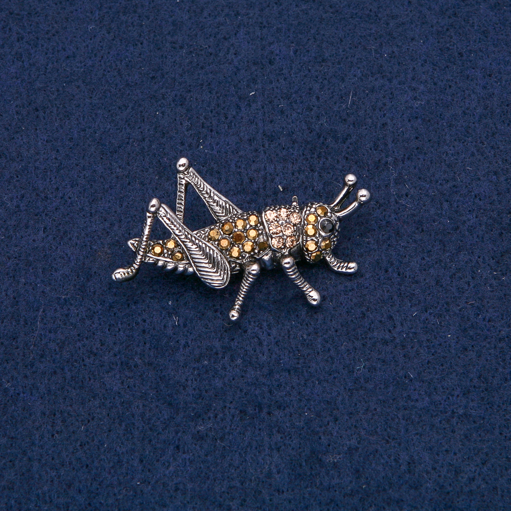 Grasshopper Brooch, silver-toned metal with black and yellow rhinestones 42x26 mm +