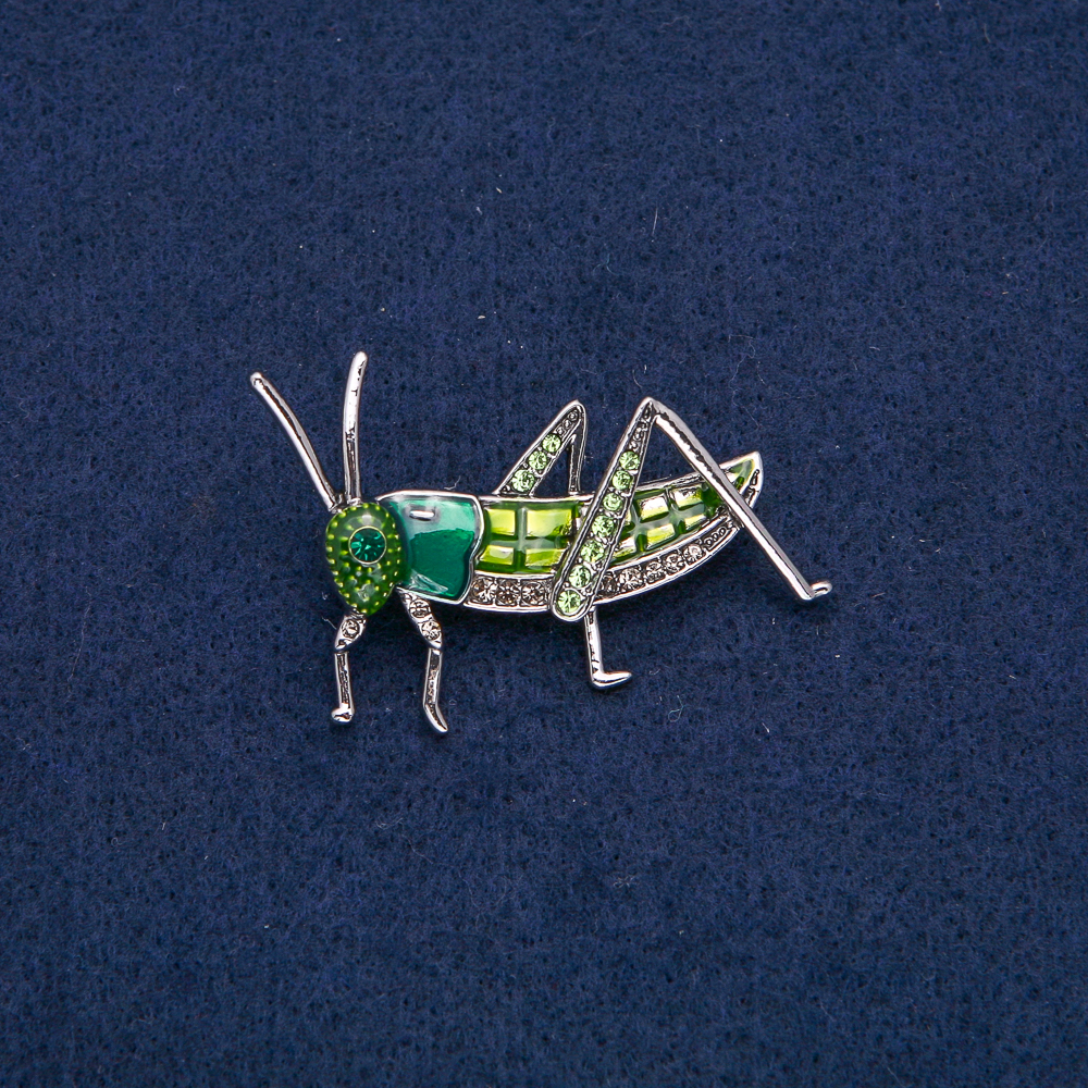 Grasshopper Brooch in Silver-Toned Metal with Green Enamel, White and Green Crystals 45x34mm +