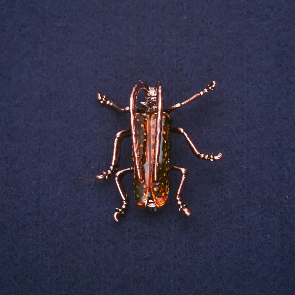Cockroach Brooch with Green Enamel, Copper Metal, 40x36mm
