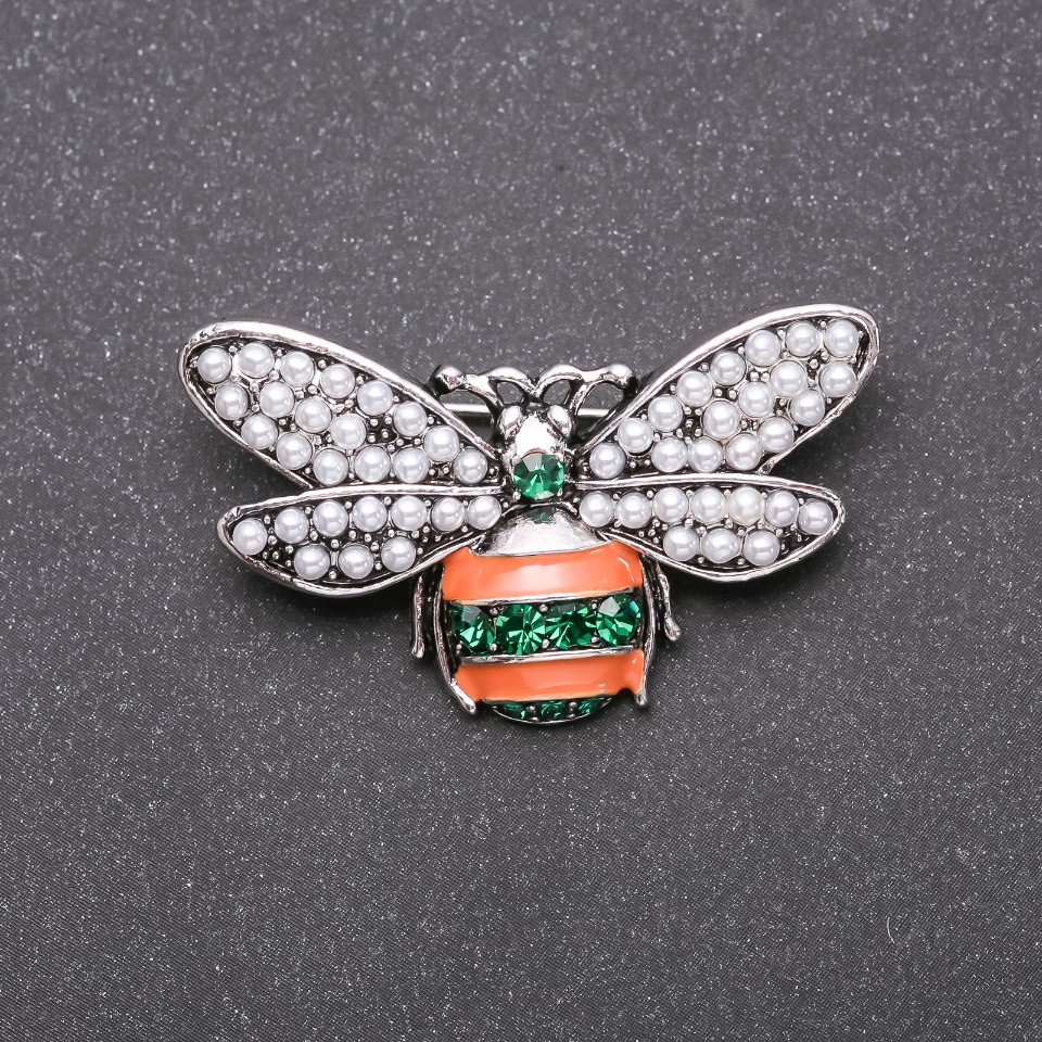 Bee Brooch with Green and Orange Enamel on Gray Metal 40x25mm