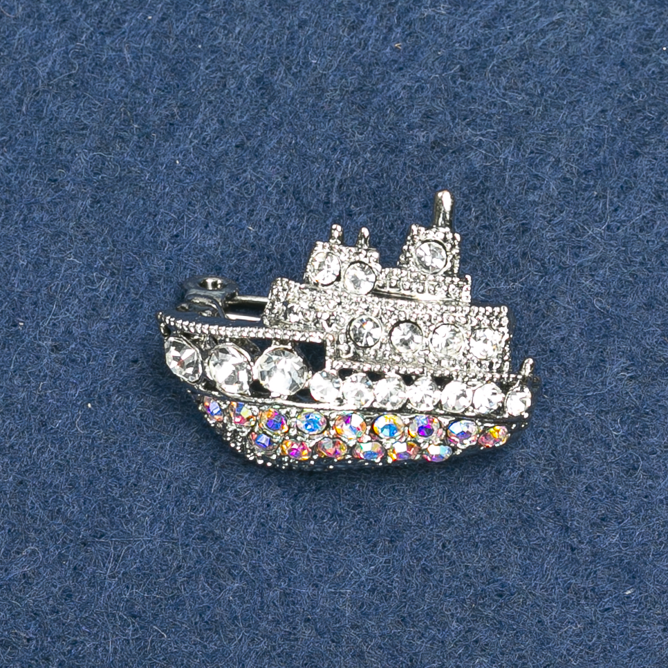 Brooch Ship - Silver-Toned Metal and Rhinestones 20x28 mm +