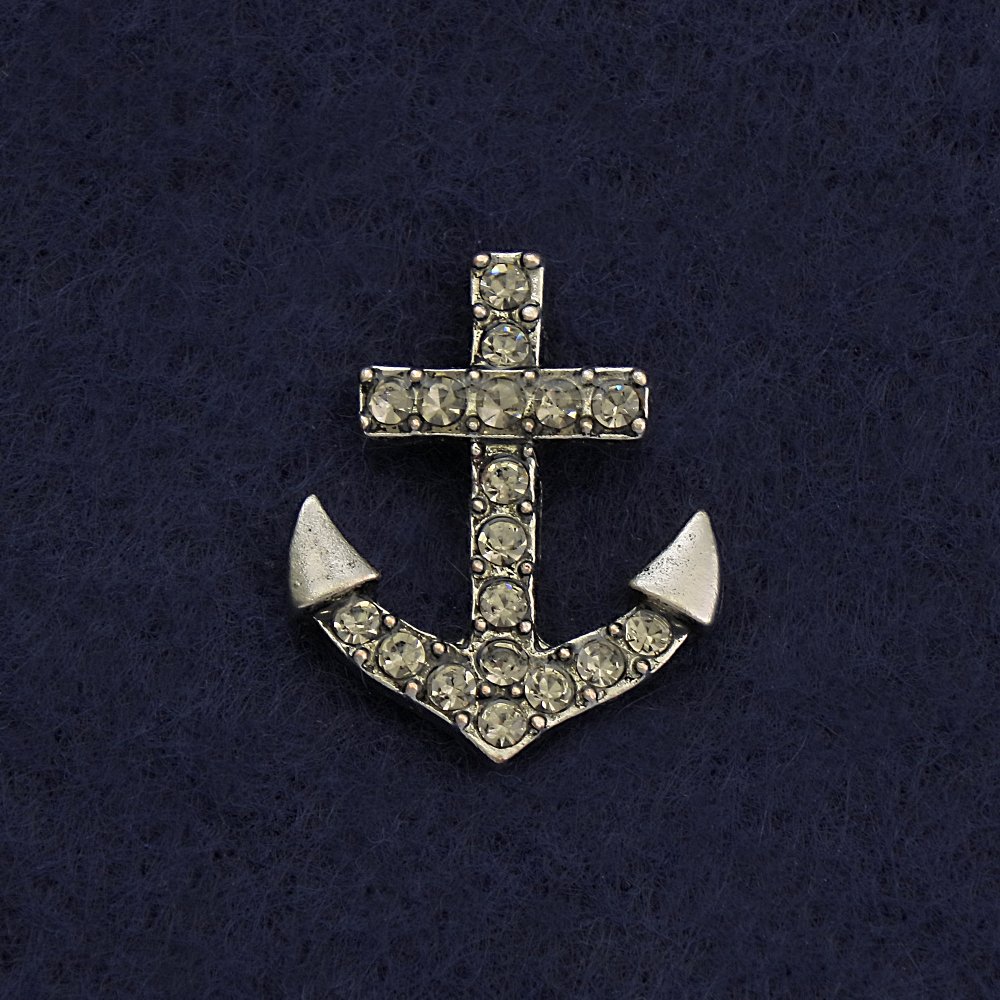 Brooch with butterfly clasp 'Anchor' 2 cm gray metal with rhinestones