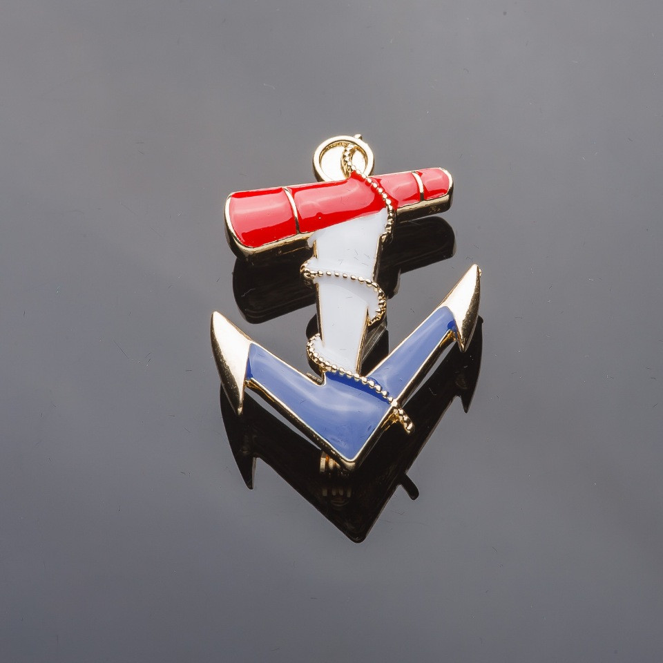 Anchor Brooch, 5 × 3 cm, Gold-tone with Colored Enamel