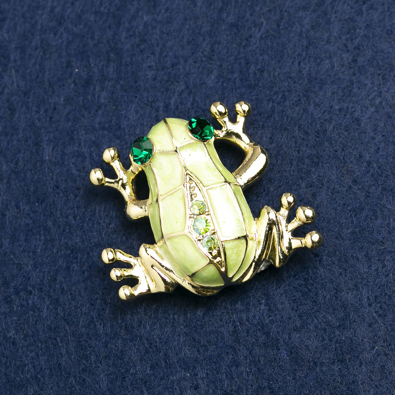 Brooch Frog in gold-tone metal, rhinestones and enamel 35x30 mm +