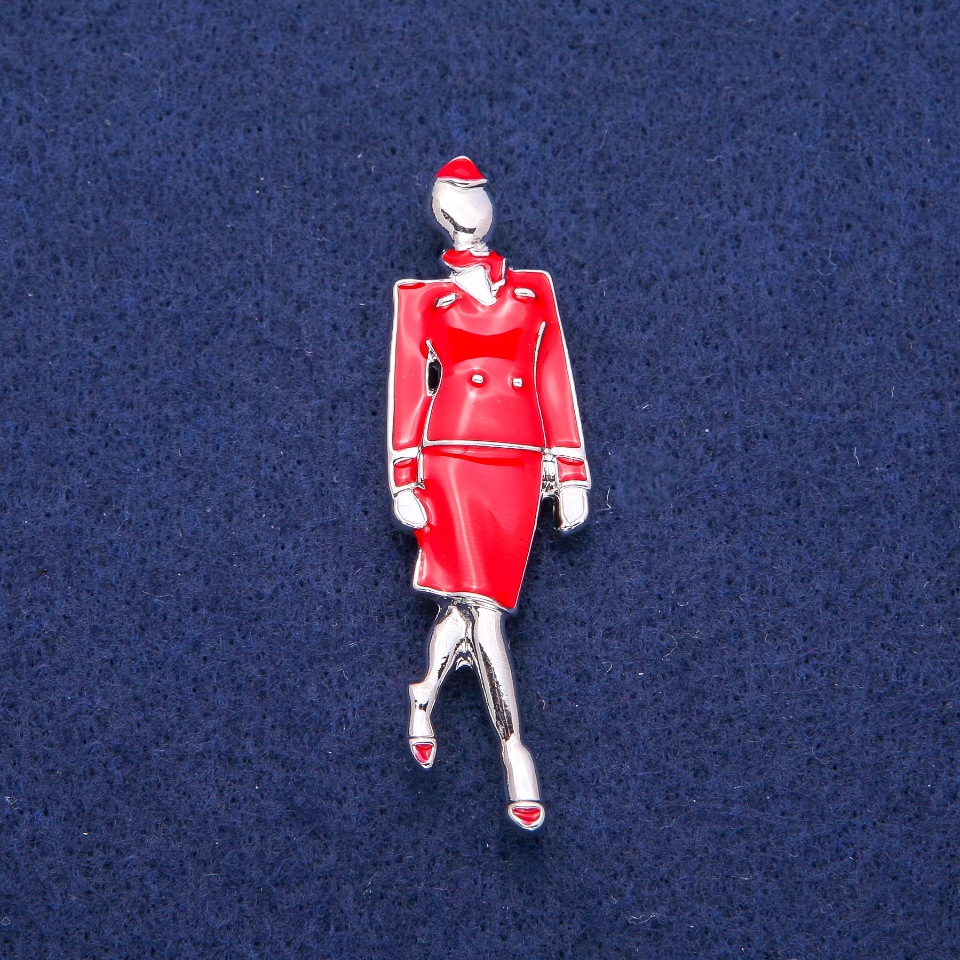 Brooch Pendant 'Flight Attendant' with Enamel 18x60 mm, Silver-Colored Metal