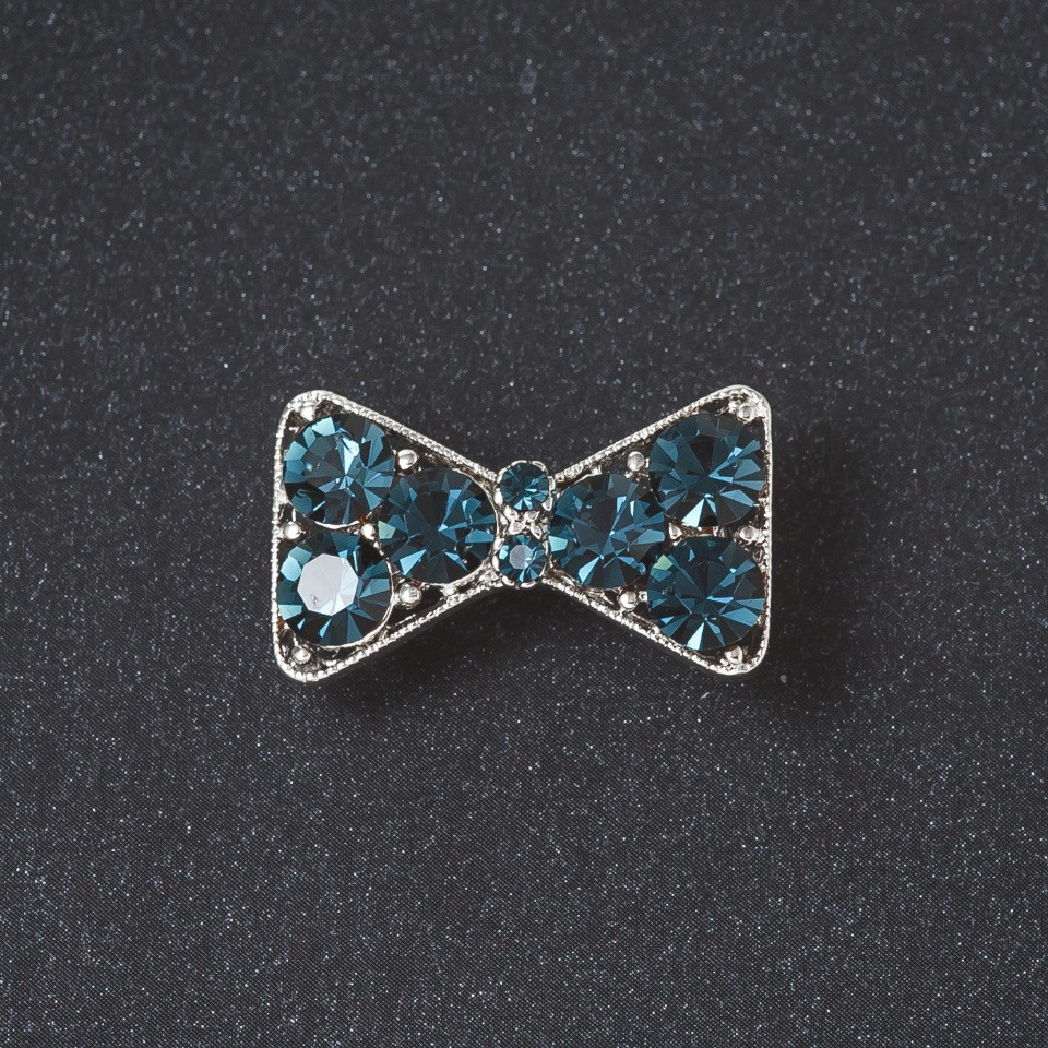 Bow Brooch with Crystals, Sea Wave Color, Silver Metal, 2.7 cm