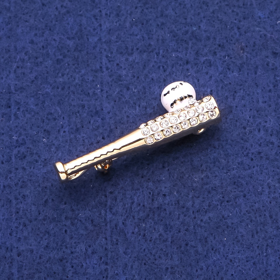 Baseball Bat Brooch with Crystals, Gold-Tone Metal, 13x40 mm