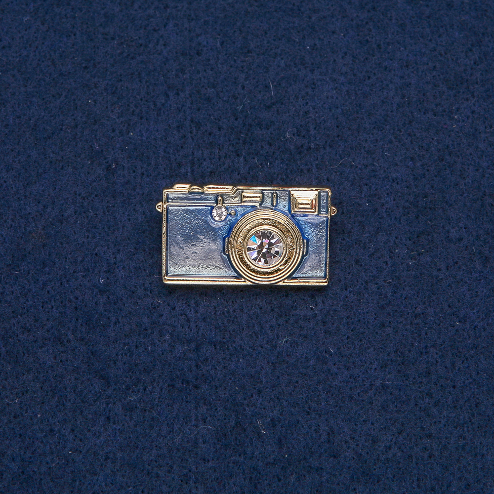 Camera Brooch in Gold-Toned Metal with Blue Enamel and White Stones, 30x17 mm +