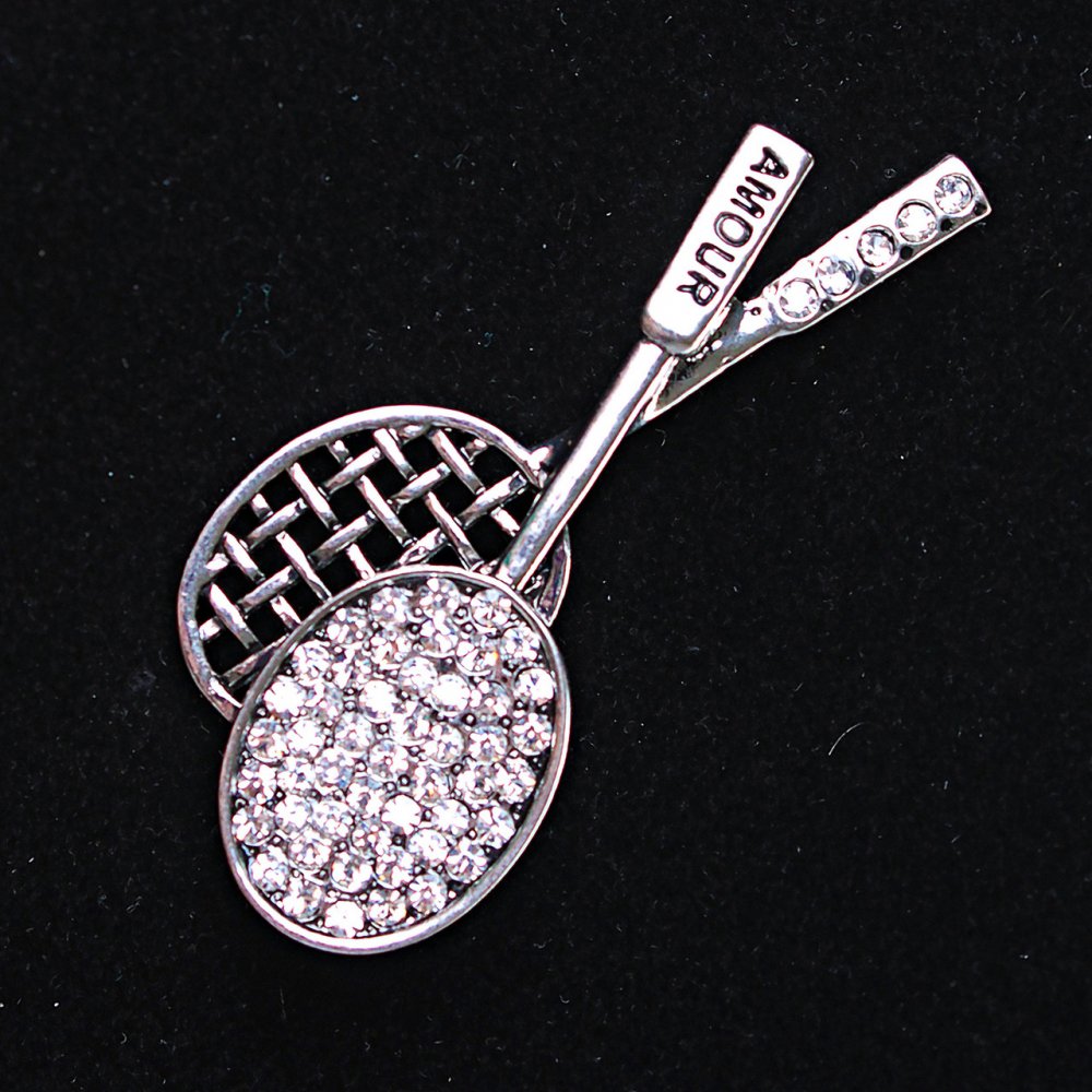 Brooch 'Racquets' with silver-colored metal and crystals 55×25 mm +